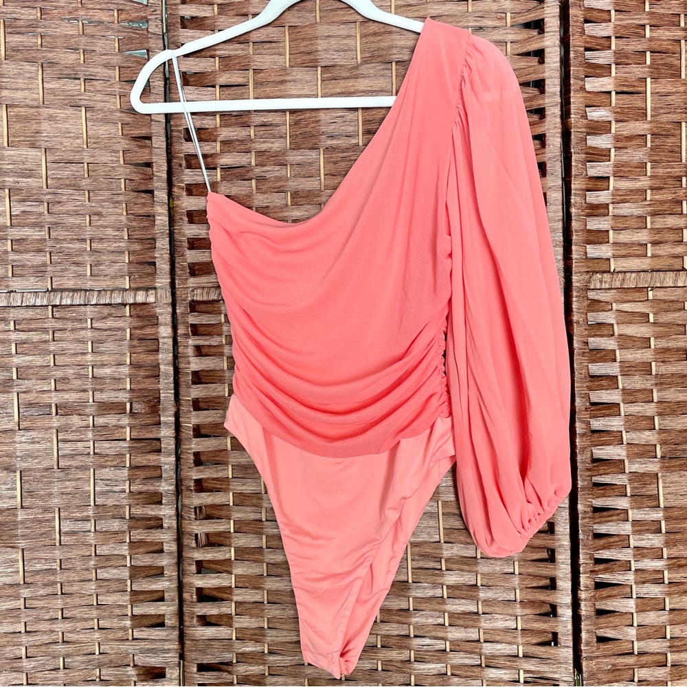 Hello Molly Coral One-Shoulder Draped Bodysuit Party Dopamine Y2K Coquette SizeM